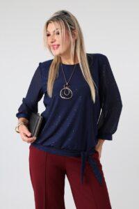 Elegancka bluzka damska plus size z delikatnym połyskiem, szyfonowymi rękawami i ozdobnym wiązaniem na dole – bluzka wizytowa XXL dla puszystych kobiet