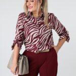 Elegancka koszula damska plus size we wzory z kołnierzykiem, ozdobnymi guzikami i długim rękawem – luźna koszula XXL dla puszystych kobiet