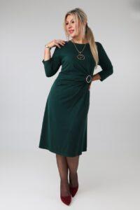 Elegancka sukienka damska plus size z marszczeniem w talii, ozdobną klamrą i rękawem 3/4 – sukienka wizytowa XXL dla puszystych kobiet 44-52