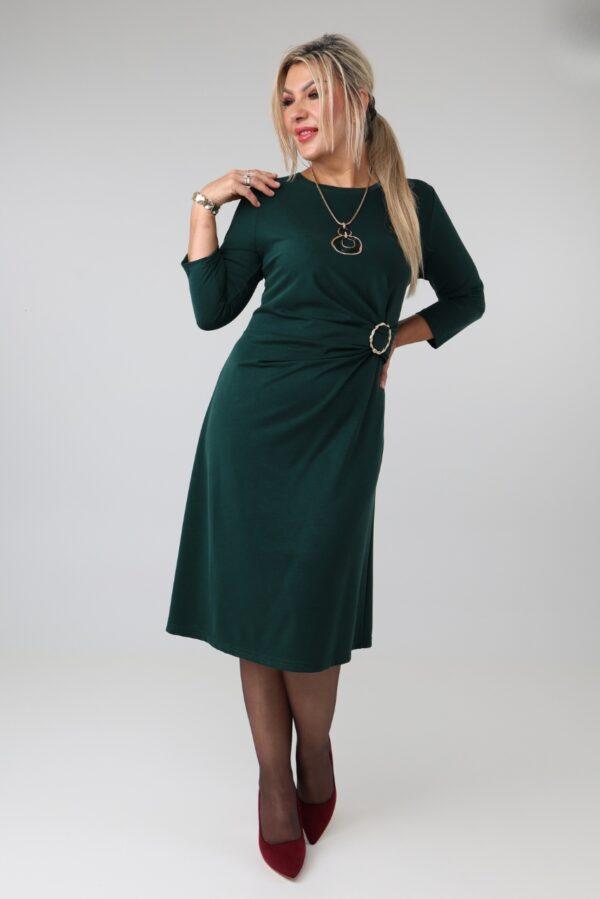 Elegancka sukienka damska plus size z marszczeniem w talii, ozdobną klamrą i rękawem 3/4 – sukienka wizytowa XXL dla puszystych kobiet 44-52