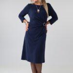 Elegancka sukienka damska plus size z marszczeniem w talii, ozdobną klamrą i rękawem 3/4 – sukienka wizytowa XXL dla puszystych kobiet 44-52
