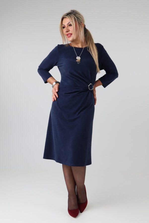 Elegancka sukienka damska plus size z marszczeniem w talii, ozdobną klamrą i rękawem 3/4 – sukienka wizytowa XXL dla puszystych kobiet 44-52