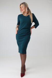 Elegancka sukienka ołówkowa damska plus size z marszczeniem w talii, dekoltem w serek i rękawem 3/4 – sukienka wizytowa XXL dla puszystych 42-52