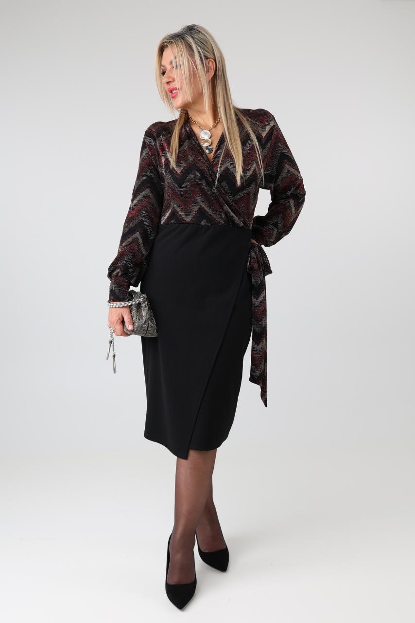 Elegancka sukienka damska plus size z błyszczącą górą, kopertowym dekoltem i ozdobnym wiązaniem – wizytowa sukienka midi XXL 44-52