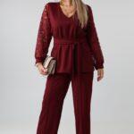 Elegancki komplet damski plus size ze spodniami, wiązaną bluzką i koronkowymi rękawami – komplet wizytowy XXL dla puszystych 44-52