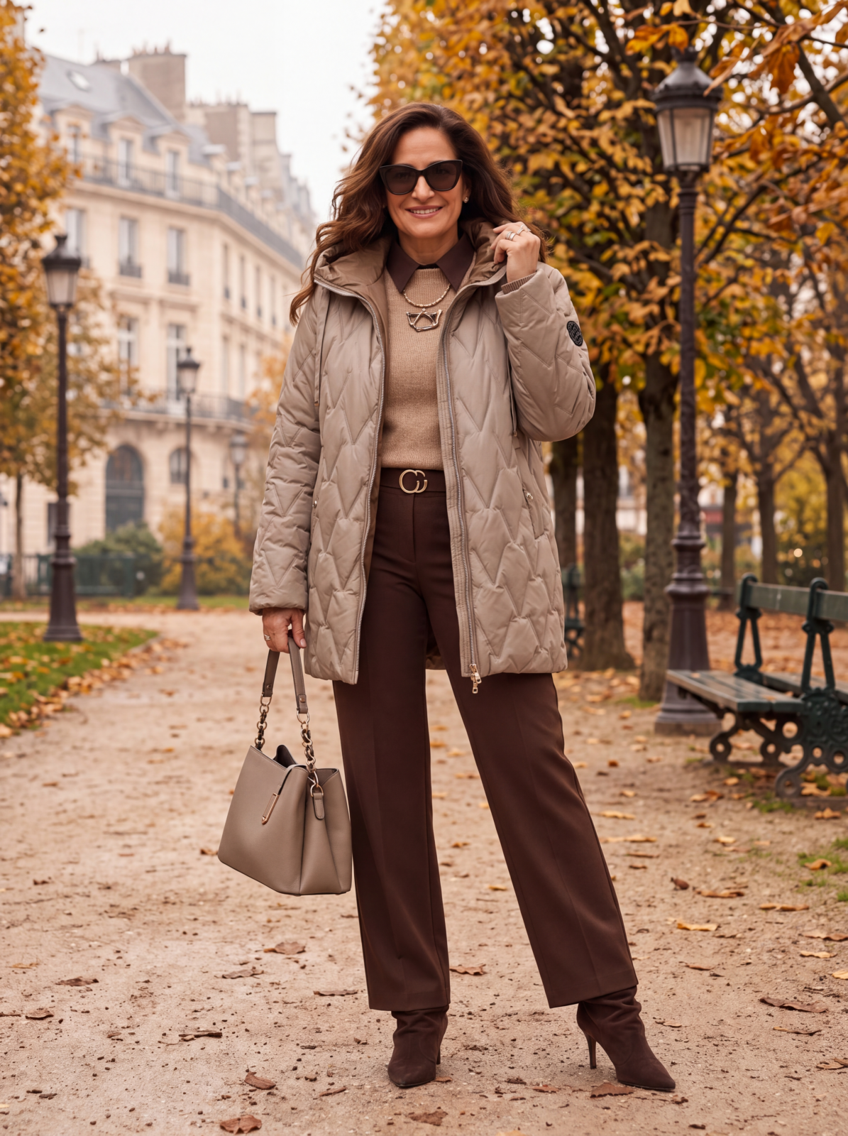 Jesienna stylizacja plus size – pikowana kurtka i eleganckie spodnie damskie
