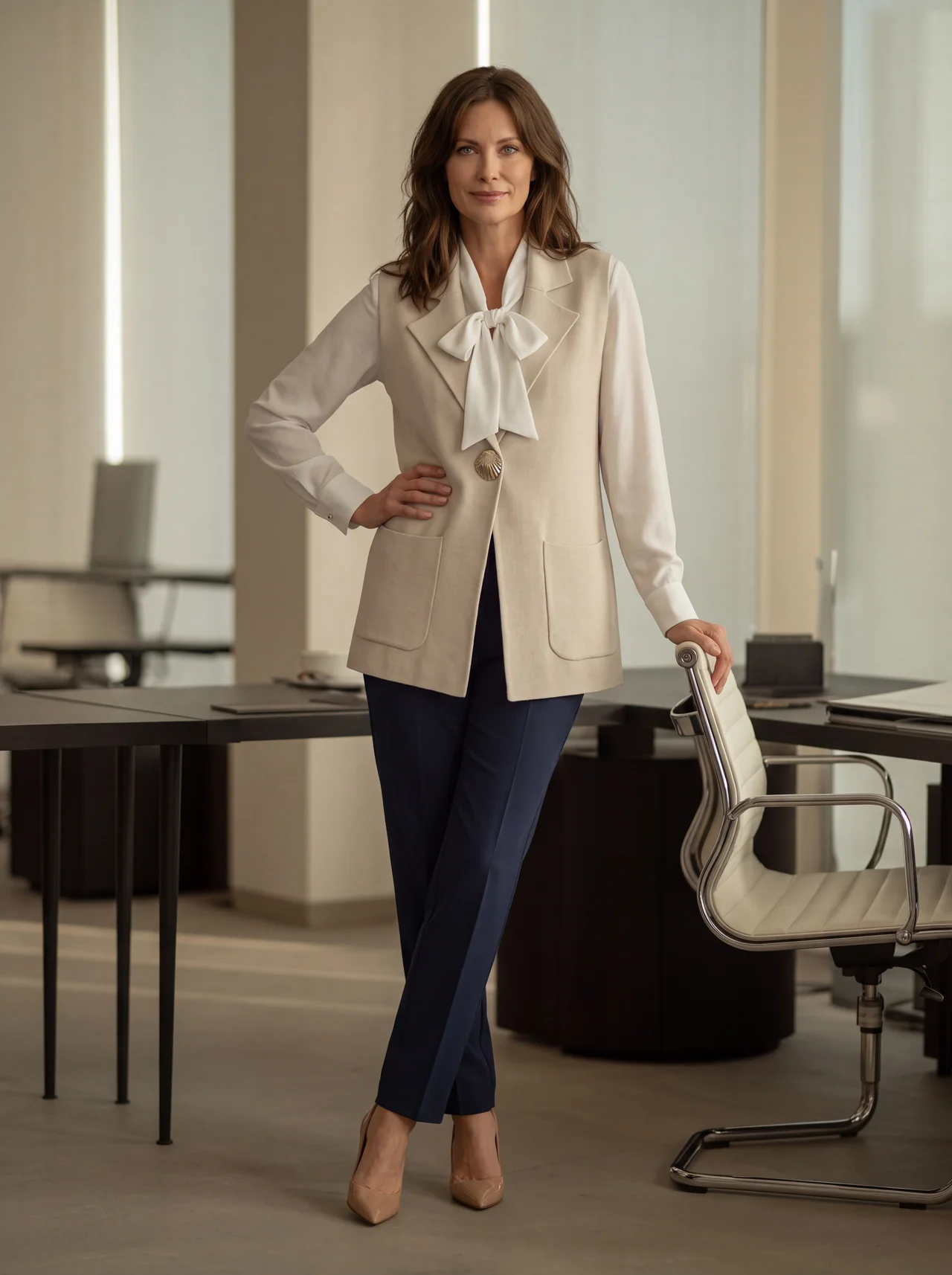 Elegancka stylizacja plus size do pracy – jasna kamizelka, bluzka z kokardą i granatowe spodnie.