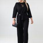 Elegancki komplet damski plus size z regulacją w talii – bluzka i spodnie XXL dla puszystych kobiet 44-52