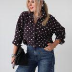 Elegancka koszula damska w groszki plus size z kieszonką i długim rękawem – koszula XXL dla puszystych 42-50