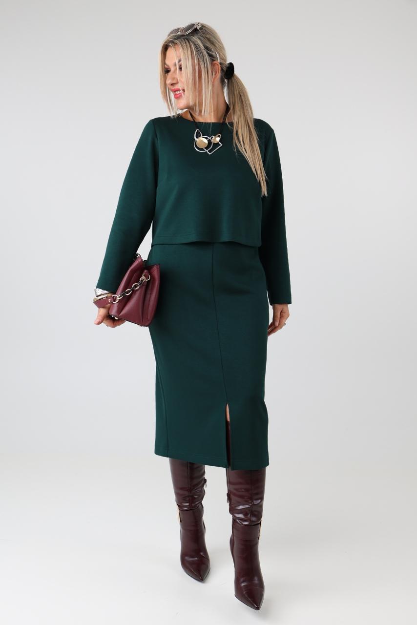 Długa elegancka sukienka damska plus size z imitacją bluzki i długim rękawem – sukienka XXL dla puszystych 44-50