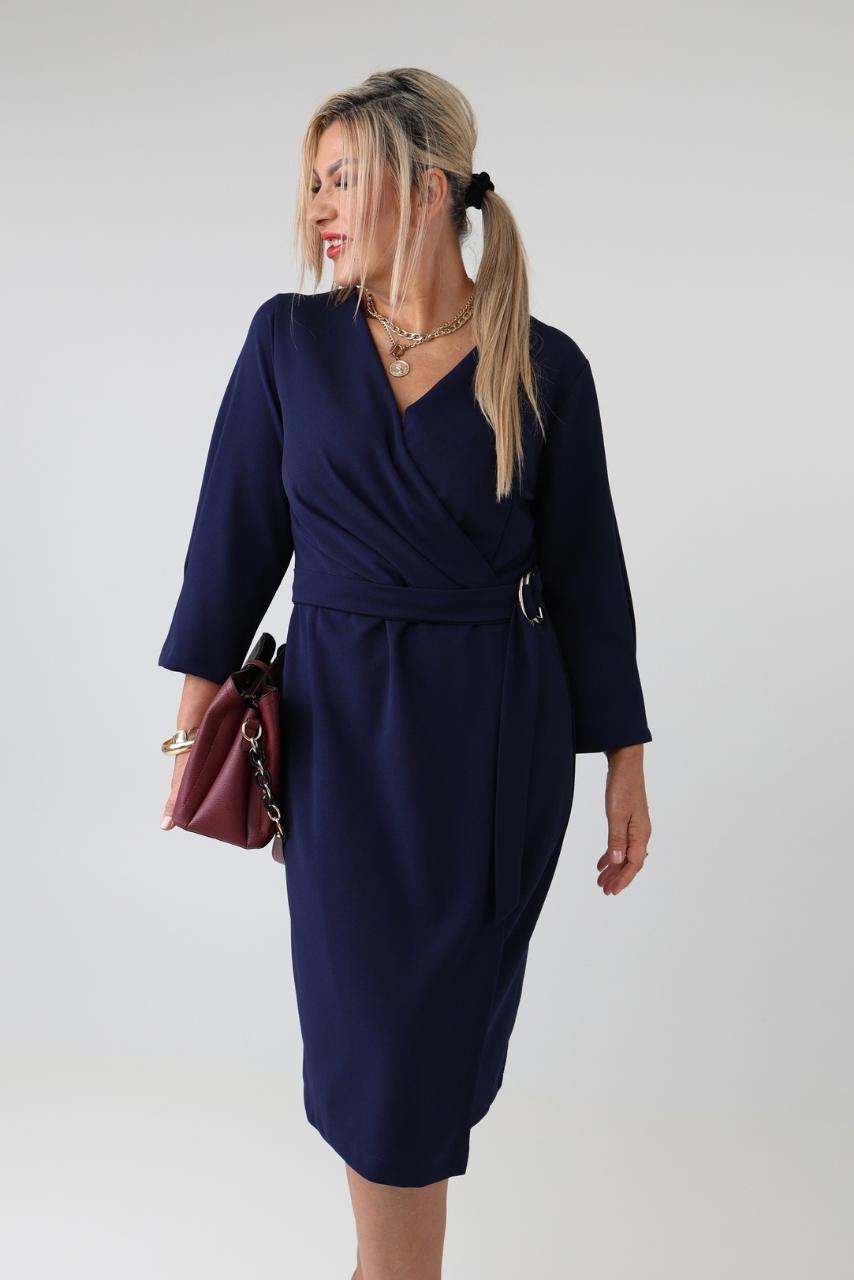 Elegancka sukienka wizytowa damska plus size z kopertowym dekoltem w serek i wiązaniem w talii – sukienka XXL dla puszystych 44-52