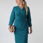 Elegancka sukienka wizytowa damska plus size z kopertowym dekoltem w serek i wiązaniem w talii – sukienka XXL dla puszystych 44-52